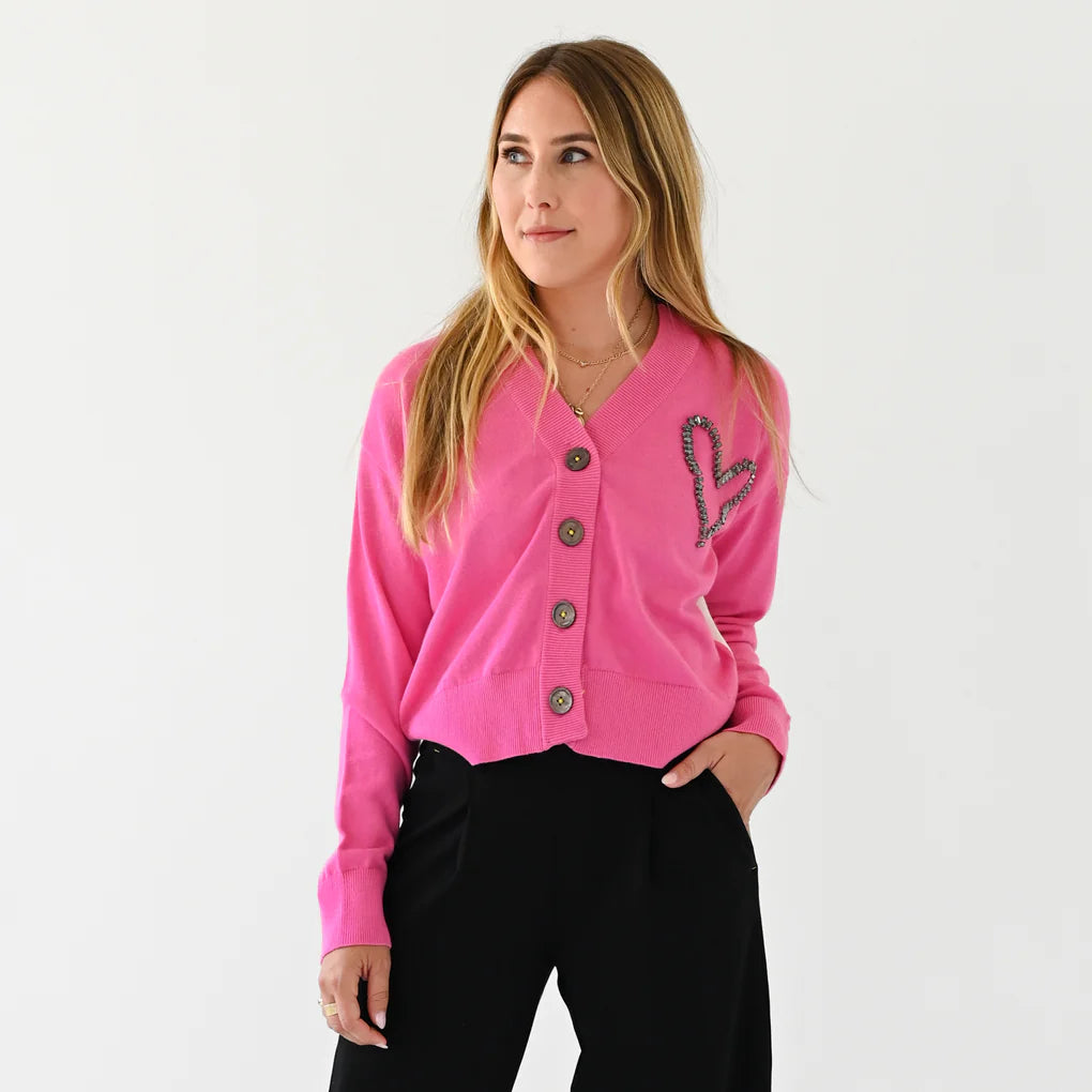 Kerri Rosenthal Liv Cardigan Gemstone Heart Pop Pink abigail fashion