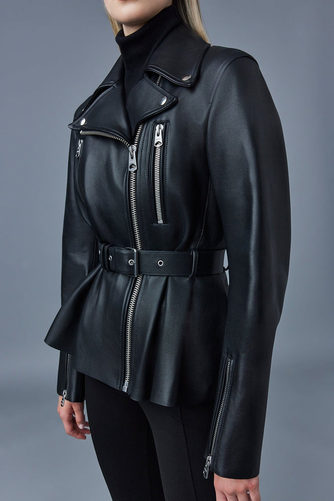 Mackage Abigail Calfskin Biker Jacket With Peplum Black Bach&Co