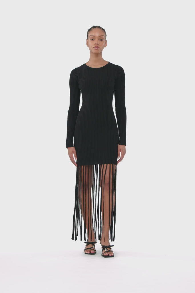 Ganni Melange Knit Fringe Mini Dress Black Bach&Co